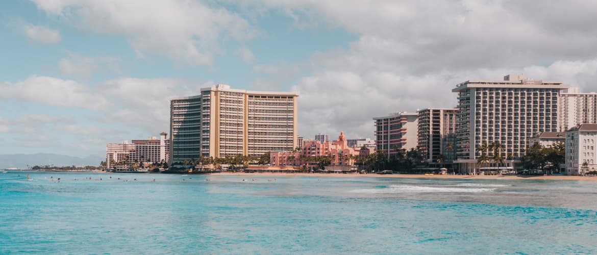 View of the multi-storey hotel complex from the sea