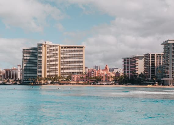 View of the multi-storey hotel complex from the sea