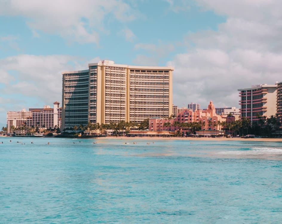 View from the sea to a multi-storey hotel